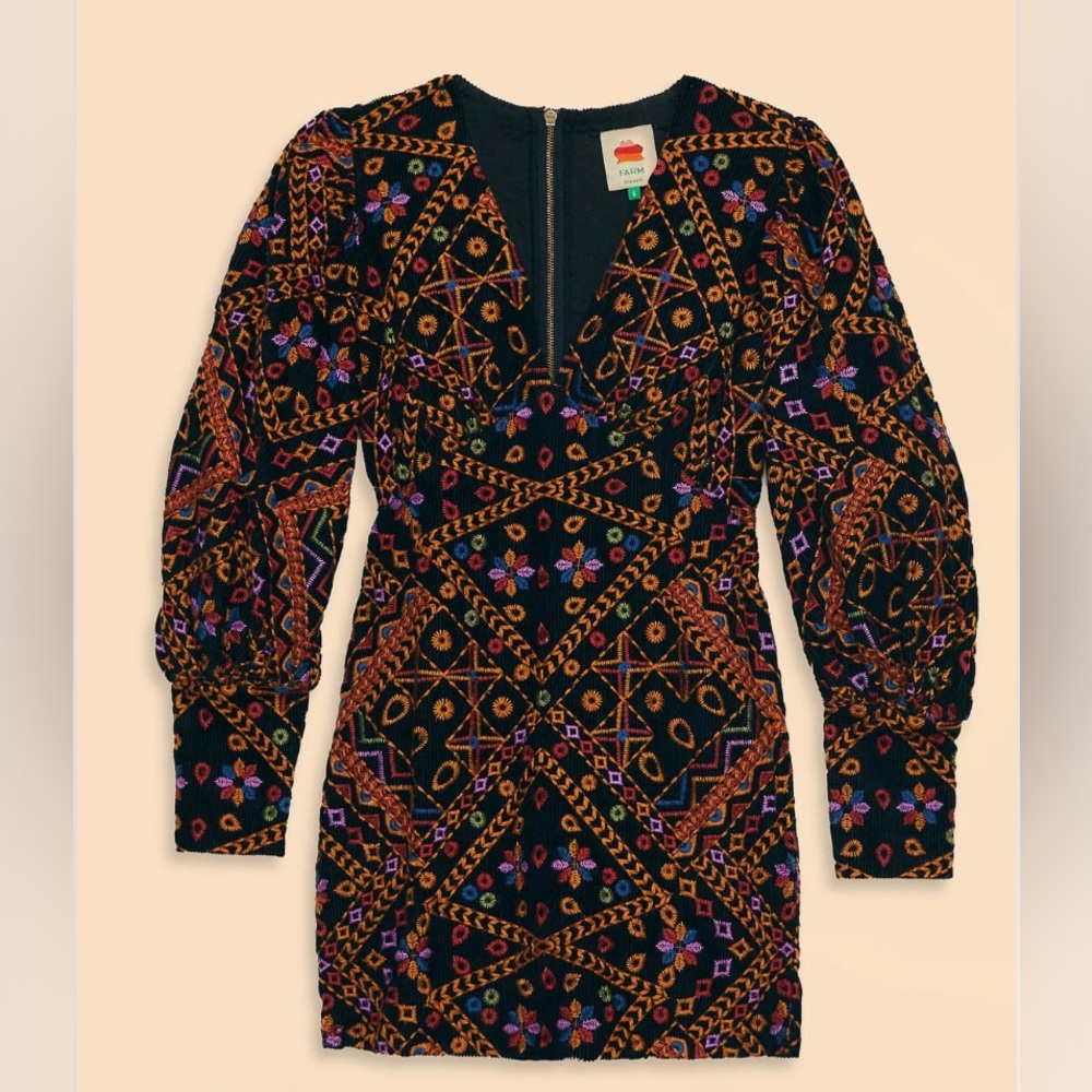 Farm Rio Embroidered Corduroy Puff Sleeve Mini Dress